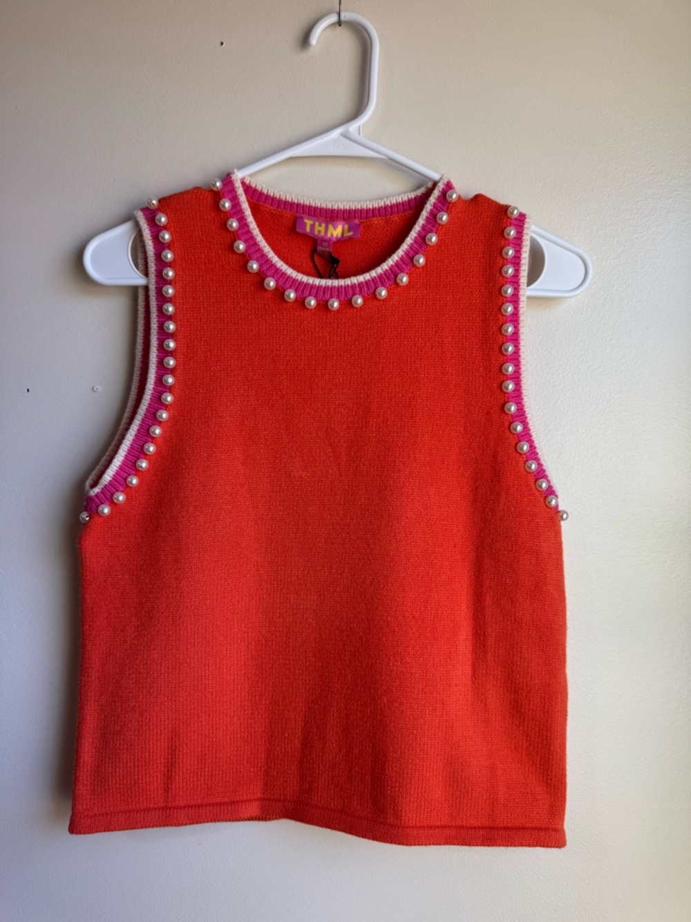 NWT THML Coral Pink Pearl Trim Sweater Tank Sleeveless XS